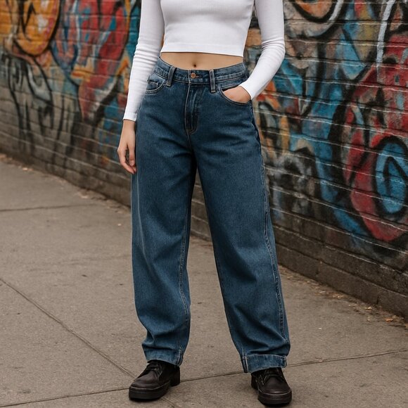 PrettyLittleThing Mid Blue Wash Waistband Detail Hem Baggy High Waist Jean NEW - Picture 15 of 15